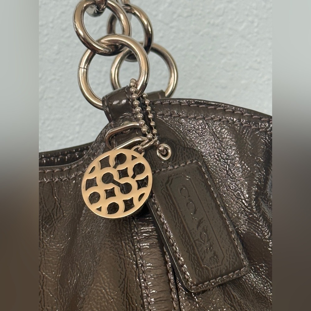 Coach Dark Brown Patent Leather Shoulder Bag with Silver-Tone Hardware - Picture 2 of 13